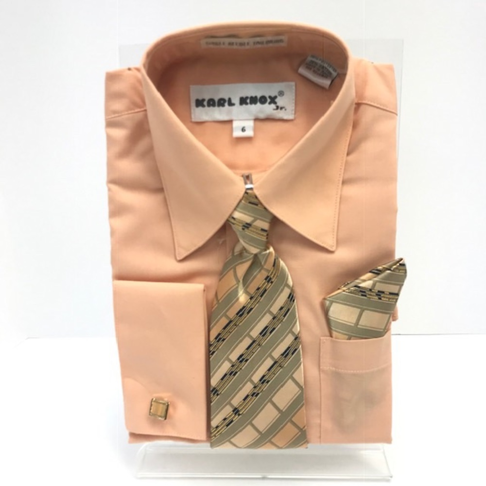 Karl Knox Boys' Peach Dress Shirt Peach Gold Tie Hanky Long Sleeves Sizes 4 or 6